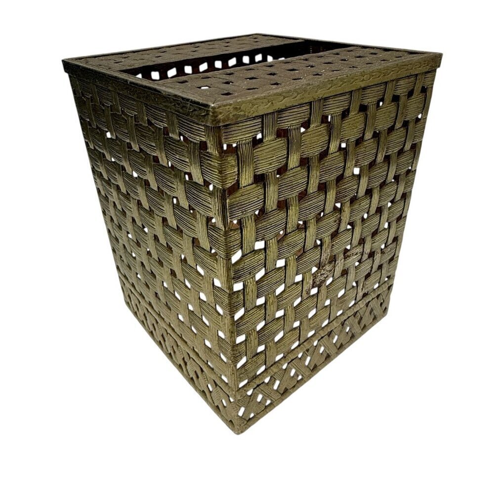 Vintage Tissue Box Holder Stylebuilt Metal Basketweave Goldtone Bath Accessory